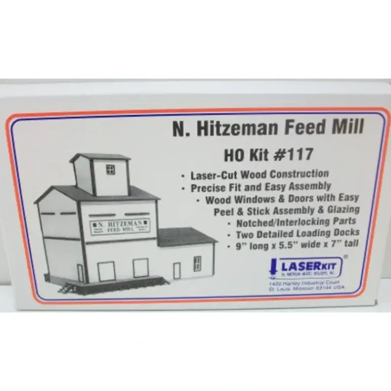 American Model Builders 117 HO Hitzeman Feed Mill Laser Art Wood Kit - Model Train Junction: Quality Parts and Art Supplies