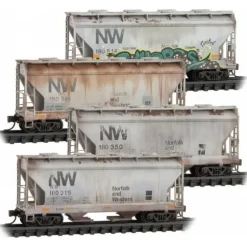 Micro-Trains, N Scale, 99305013, Weathered 2-Bay Covered Hopper, Norfolk and Western, (4-Pack) - Model Train Junction: Quality Parts and Art Supplies