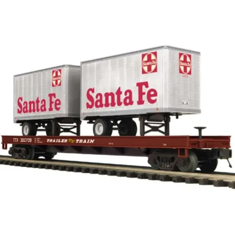 MTH 20-98730 Santa Fe Flat Car with 2 20' Trailers - Model Train Junction: Quality Parts and Art Supplies